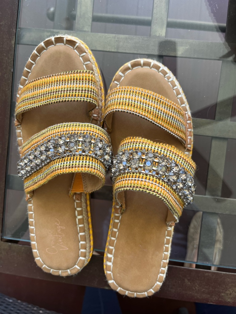 Crown Vintage Yellow Beaded Double-Strap Slide Mules